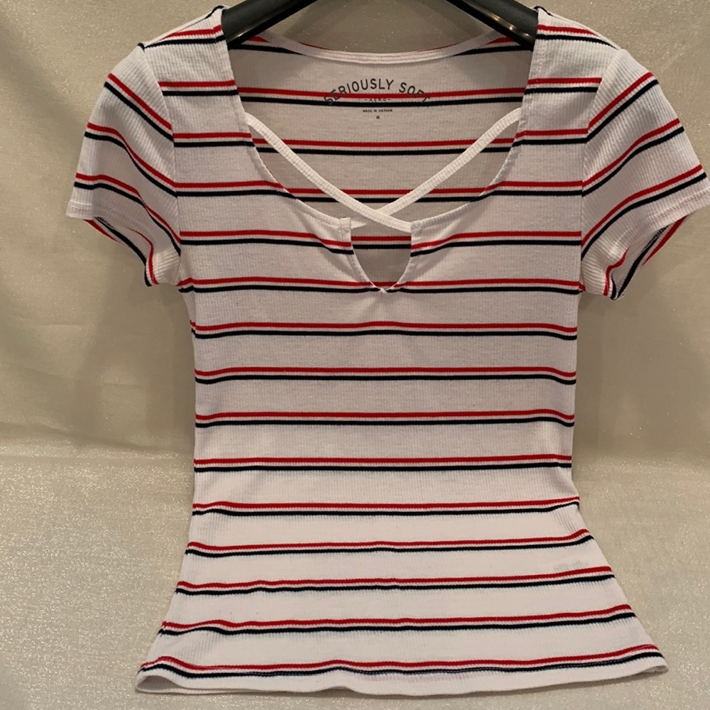 Seriously Soft Aero Red, White and blue cross/cross top. Size M